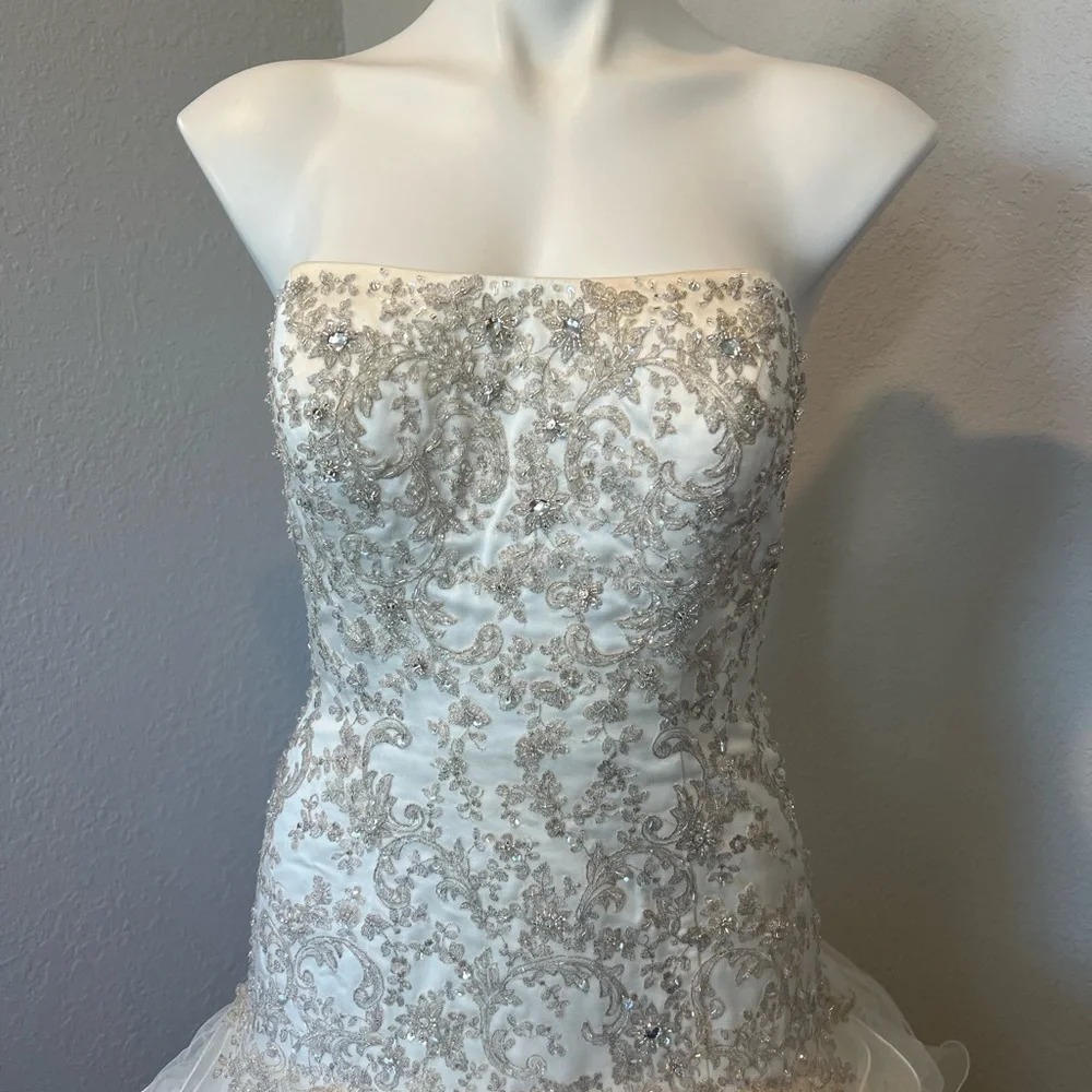 Oleg Cassini Organza Drop Waist Beaded Wedding Dress - Picture 2 of 12